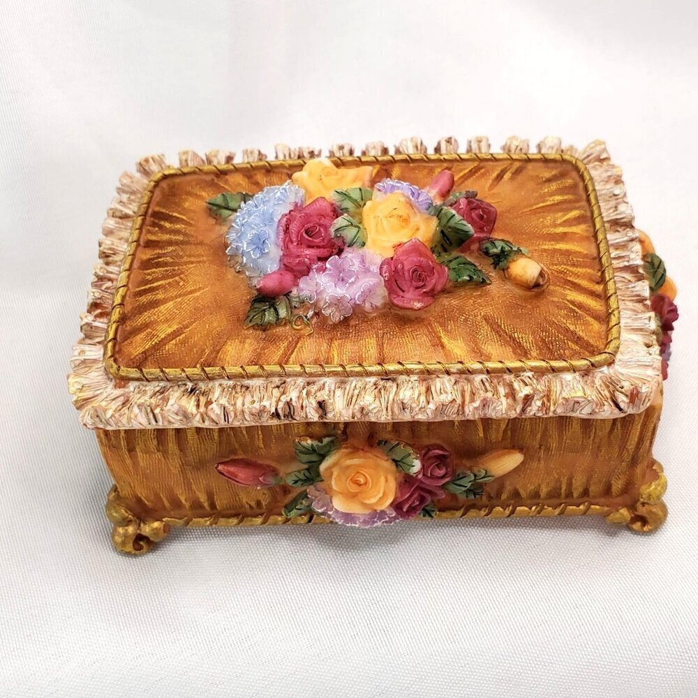 VTG Victorian Floral Jewelry Trinket Box With Raised Rose Design & Gold Accents
